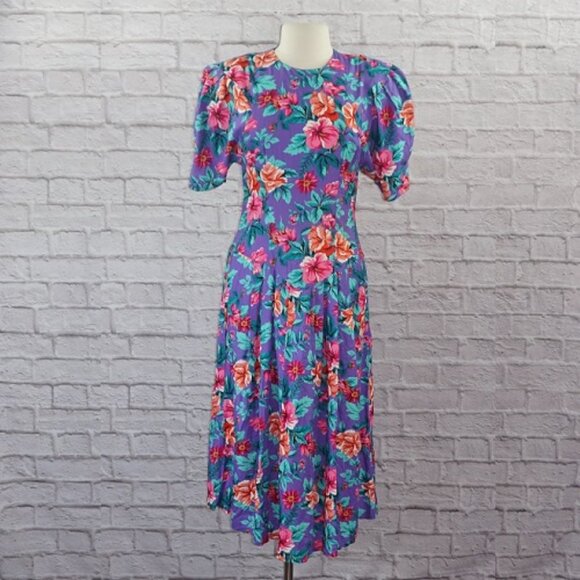 Vintage Dresses & Skirts - Vintage 80s Tropical Floral Midi Dress